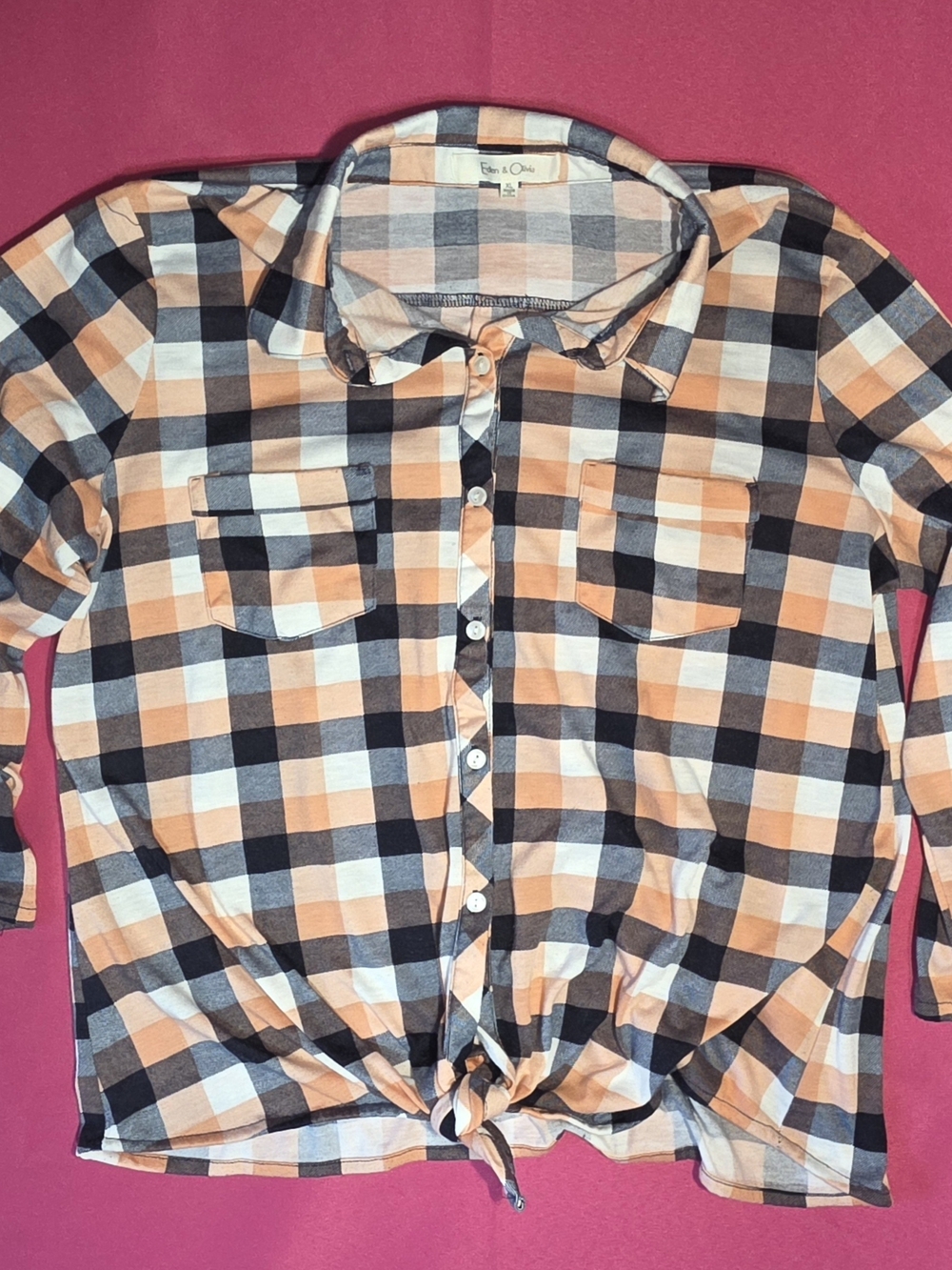 Eden & Olivia Peach Black & White Plaid Button-Front Shirt with Tie